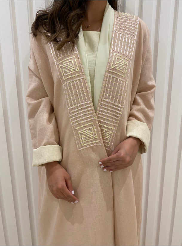 DN030 - PEACH & YELLOW LINEN ABAYA