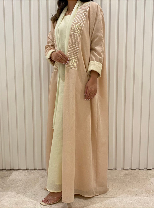 DN030 - PEACH & YELLOW LINEN ABAYA