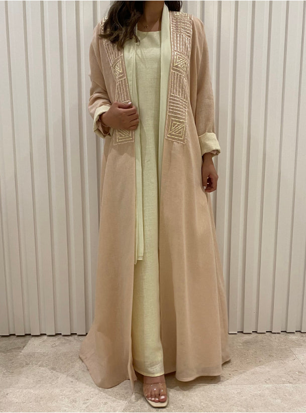DN030 - PEACH & YELLOW LINEN ABAYA